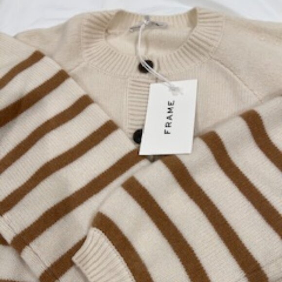 NWT Frame Pretty Breton Cream/Taupe Stripe Cardigan 100% Soft Cashmere Size M - Picture 9 of 10